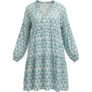 J. Marie Teal Floral Tiered Mini Dress Long Sleeve V-Neck Boho Cottage Prairie L